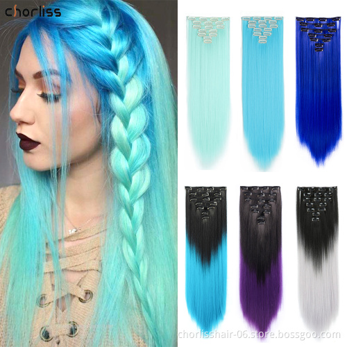 Wholesale Pink Blonde Black Ombre Long Straight 7Pcs 16 Clips Synthetic Clip In Hair Extension For Christmas party women